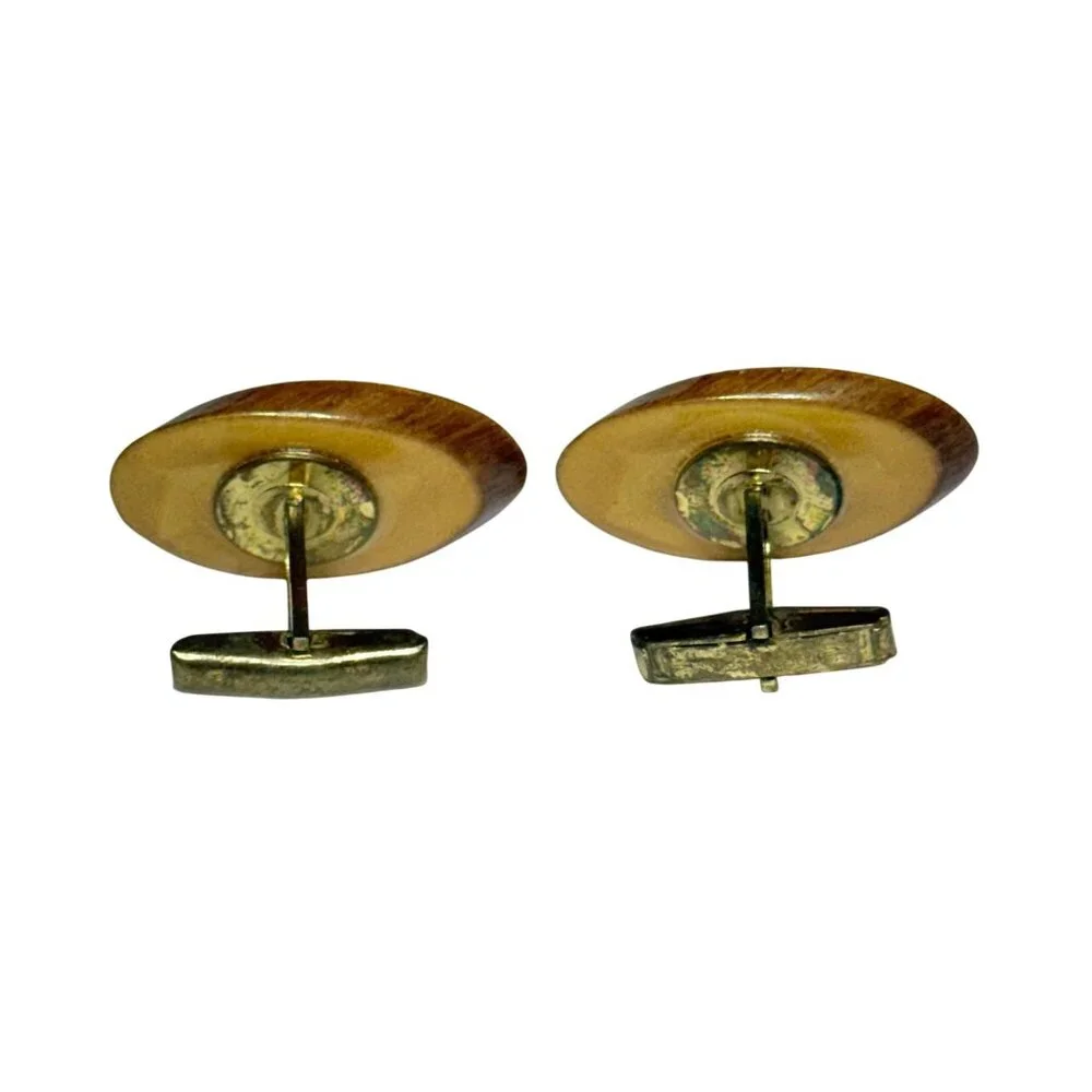 Vintage Natural Wood Disk Cufflinks Tree Rings Gold-Tone Woodworker